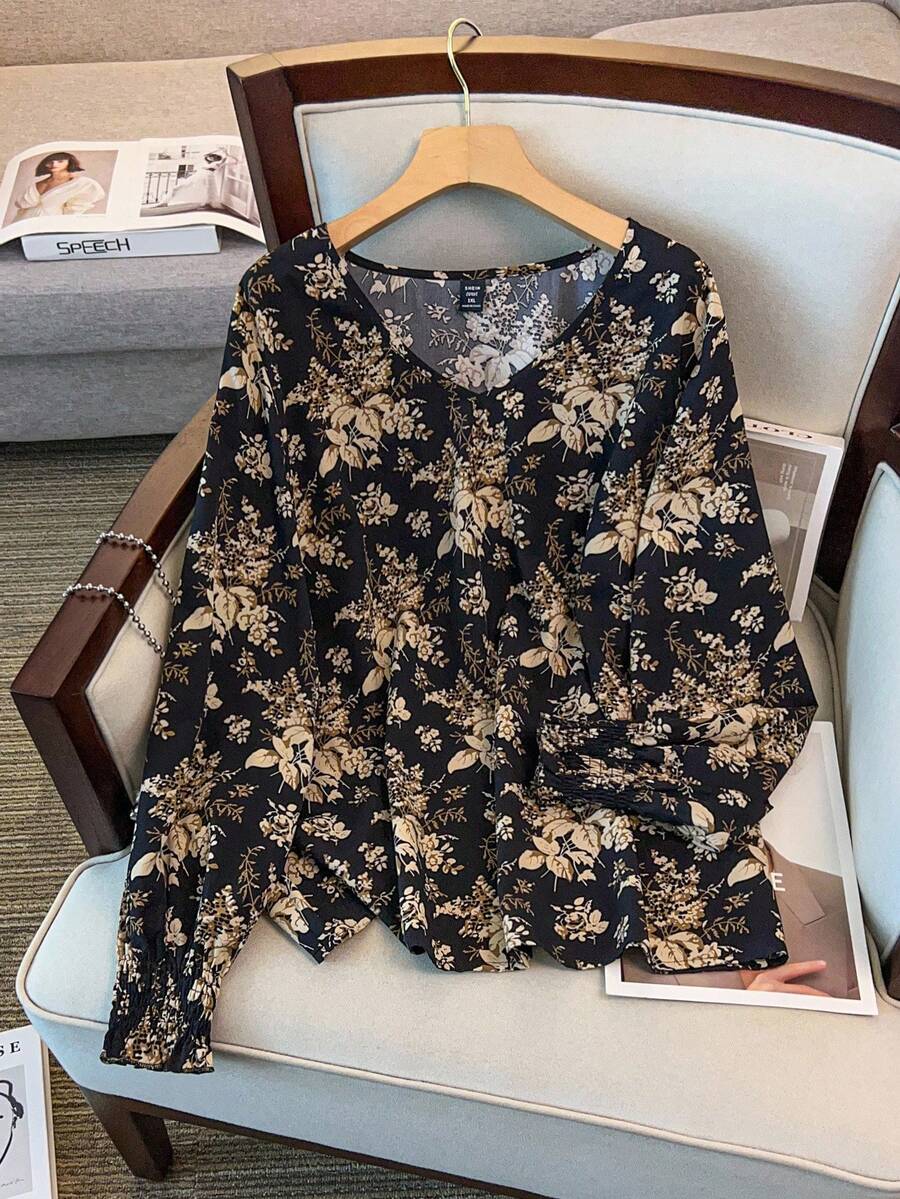 SHEIN DreamScene 大码女式翻边V领花卉印花长袖衬衫，通勤和日常穿着皆宜，秋季 - 彩色 - 查看 1