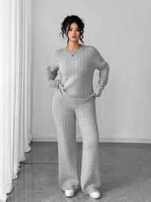 Elenzga Women's Simple Stylish Long Sleeve Button Long Pants Sweater Set, Plus Size Outfits For Autumn/Winter