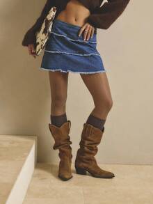 Aralina Winter/Herbst zweistufiger Raw Hem ausgefranster dunkelblauer Denim Rock mit niedriger Taille Mini Rock Cowgirl Stil für Frauen und Country Stil Stockholm Stil schicker Mini Rock - Helle Waschung - Übersicht 4