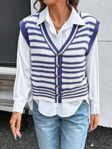 Women's Colorblock V-Neck Knit Cardigan Vest, Spring/Autumn - Blue - View 5