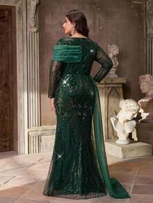 Aureia Vestido Longo Sereia Ajustado de Manga Longa com Bainha Assimétrica Franzida, Bordado com Lantejoulas em Tule Elegante e Luxuoso, Adequado para Festa à Noite, Gala, Casamento, Formatura, Ocasião Formal (Muito Ornamentado) - Verde - Visão 4