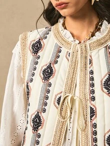 Easelle Women's Floral Pattern Ribbon Tie Front Casual Vest Jacket, Winter And Autumn Women's Clothing, Padded Jacket, Pattern Details, Autumn And Winter Coat - Multicolor - View 10