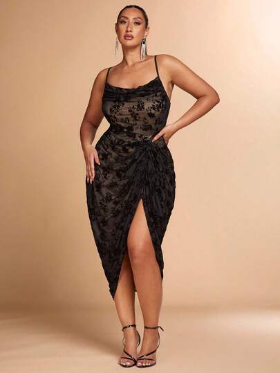 SHEIN BAE Plus Size Women's Flocked Draped Neck Long Slip Dress, Suitable For Early Autumn/Autumn & Winter/Early Autumn/Festival Outfits Women/Fall Clothes For Women/ Women's Clothing/Elegant Party Dresses/Fall Wedding Guest Dress For Women/Evening Dress Chic Wedding/Party /New Fall Fashion Women/Plus Size/Going Out/Formal Dress Women/Birthday Dresses For Women
