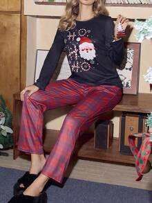 Miss Vinta Casual Cute Plaid Christmas Santa Claus Contrast Print Pajama Set For Women Dark Red,Autumn,Casual,Sleep Long Sleeve Long Pants Pj Sets - Multicolor - View 4