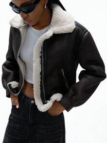 Aveloria Affinna Chaqueta de mujer forrada de piel sintética de borrego, chaqueta de motocicleta con cuello vuelto grueso, para otoño/invierno - Marrón - Ver 1