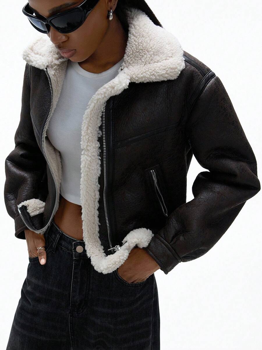 Aveloria Affinna Chaqueta de mujer forrada de piel sintética de borrego, chaqueta de motocicleta con cuello vuelto grueso, para otoño/invierno - Marrón - Ver 1