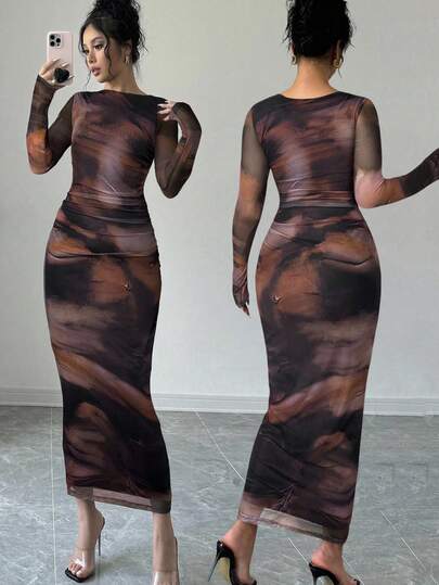 Firerie Vestido elegante de manga larga con estampado de teñido anudado y plisado, vestido elegante de manga larga con estampado de teñido anudado ajustado y largo, vestido elegante de cita de manga larga con cuello asimétrico, tela elástica de malla