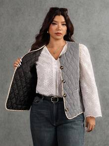 Elaquor Plus Size Casual Plaid Sleeveless Jacket, Autumn/Winter Quilted Vests Sleeveless Vests Fall/Winter - Black - View 7