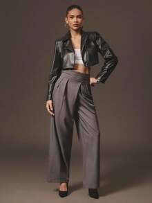 Hauture Formal Old Money Business Office Sexy PU Leather Padded Power Shoulder Cropped Moto Biker Jacket - Black - View 4