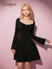 Teen Girl Pure Sweet Retro Square Collar Ruched Bow Flare Sleeve Dress, Suitable For Dates, Parties, And Daily Wear Fall Winter - Black - View 6