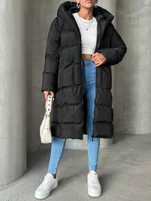 EURMUSE Solid Zip Up Hooded Puffer Coat - Black - View 7