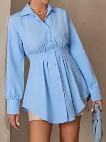 SHEIN Cottnline قميص قطني بياقة منخفضة، بطية مطوية ، بذيل منحني مطوي - الأزرق - مشاهدة 5