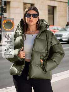 EURMUSE Plus Solid Zip Up Hooded Padded Coat - Green - View 1