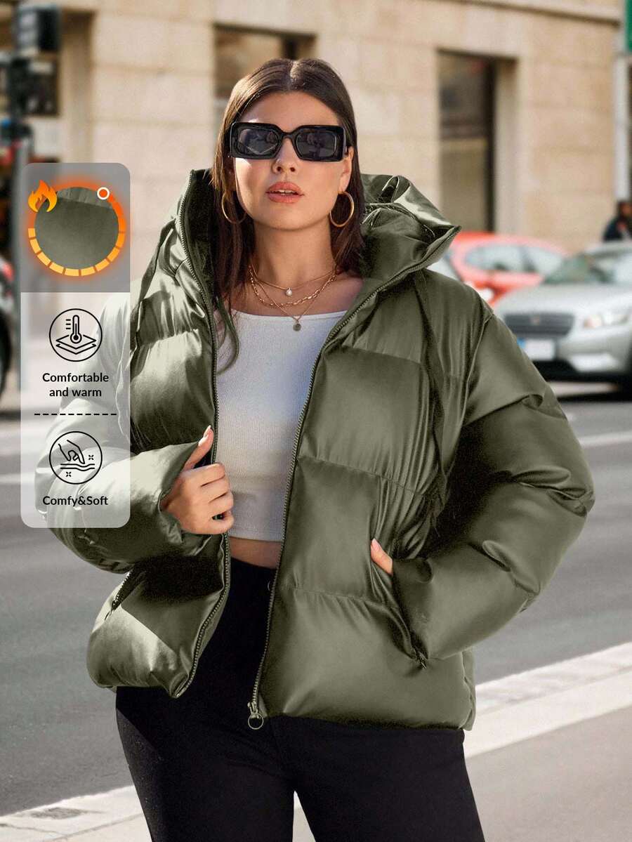 EURMUSE Plus Solid Zip Up Hooded Padded Coat - Green - View 1