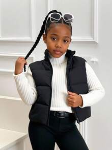 Girls' Casual Minimalist Stand Collar Sleeveless Loose Solid Color Padded Vest, Versatile Padded Coat For Autumn White - Black - View 1