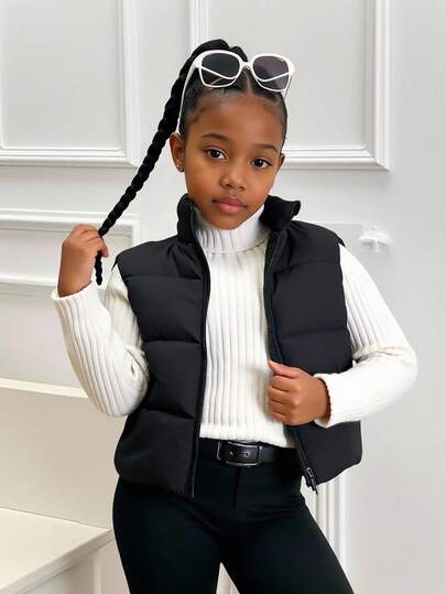 女童休闲简约立领无袖宽松纯色棉背心，冬季百搭棉衣