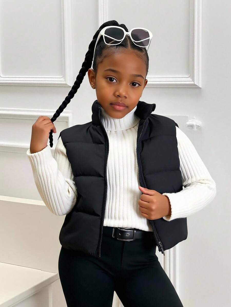 Girls' Casual Minimalist Stand Collar Sleeveless Loose Solid Color Padded Vest, Versatile Padded Coat For Autumn White - Black - View 1