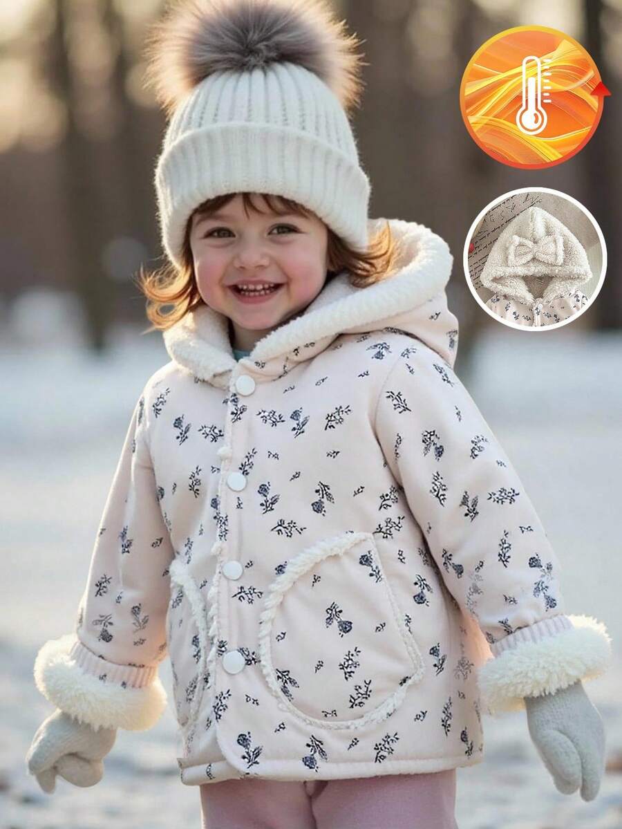 SHEIN 女婴休闲可爱花卉印花保暖内衬连帽夹克，冬季 - 彩色 - 查看 1