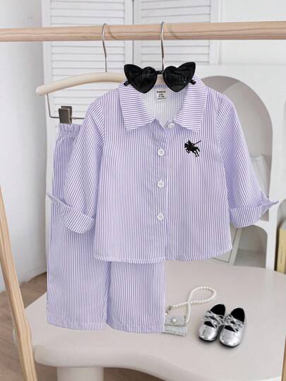 SHEIN Playful Pals 女婴春秋休闲简约时尚两件套，黄白条纹翻领长袖衬衫，黑色刺绣装饰，搭配同色系裤子，适合日常开学季