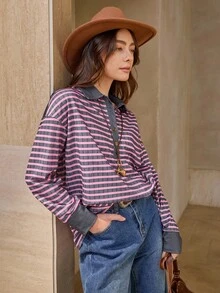 Wildy Áo thun tay dài cổ polo kẻ sọc phong cách miền Tây nước Mỹ, thích hợp cho thời trang đường phố, sân bay, trở lại trường học - Nhiều màu - Xem 4