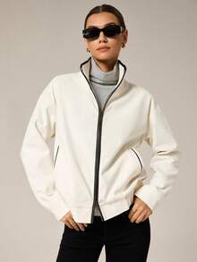 Hanevo Women's Elegant Leather Patchwork Double-Zipper Long Sleeve Jacket - Black and White - View 4