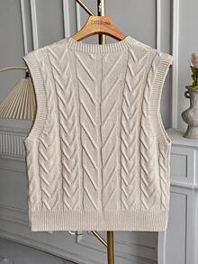 Franclia 女士休闲简约扭纹针织毛衣背心，秋冬 - 杏色 - 查看 2