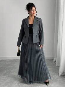 Franclia Plus Size Women French Style Casual Blazer & Mesh Midi Skirt 2 Pieces Set - Dark Grey - View 6