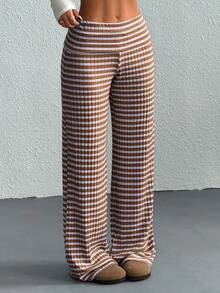 Coolane Kids Pantaloni de vară cu talie joasă, minimalisti, cu dungi, stil streetwear pentru fete preadolescente, casual, pentru purtare zilnică - cafea maro - Vizualizare 4