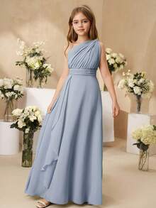 SHEIN Tween Girls Elegant Flower Girl Dress For Wedding, Ruffled Chiffon Shawl Mid-Calf Length Formal Gown For Tween Girl, Princess Style Puffy Fall Winter - Blue - View 8