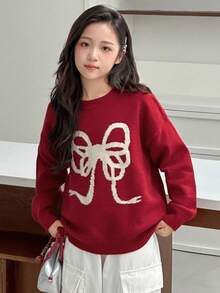 Dazy Kids Tween Girls Bow Decor Round Neck Long Sleeve Sweater Christmas
