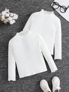 SHEIN 2件套青少年女孩休闲基础款纯色针织弹力长袖汗衫，多件套，非常适合秋冬季休闲日常穿着和上学日常穿着，必备百搭，母女搭配，女孩心形衬衫。女孩长袖衬衫，白色，适合圣诞节。 - 白色 - 查看 1