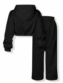 INAWLY 2 件女士休闲纯色短款抽绳连帽运动衫和运动裤套装，秋冬