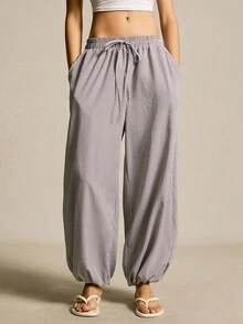 SoleilVie Women's Grey Plaid Print Loose Bloomers,Autumn Boho Vacation Vintage Casual Streetwear Oversized Elastic Waistband Side Pockets Cuffed Pants,Fall - Coffee Brown - View 5