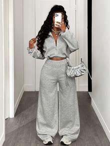 BamGleam Women's Solid Color Drop Shoulder Long Sleeve Zip Front Cropped Hoodie And Wide Leg Pants Casual 2 Pieces Set, Autumn/Winter