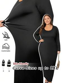 SHEIN CURVE+ 大尺碼純色圓領貼身長洋裝 2026 秋冬聖誕款 22W - 黑色 - 查看 1