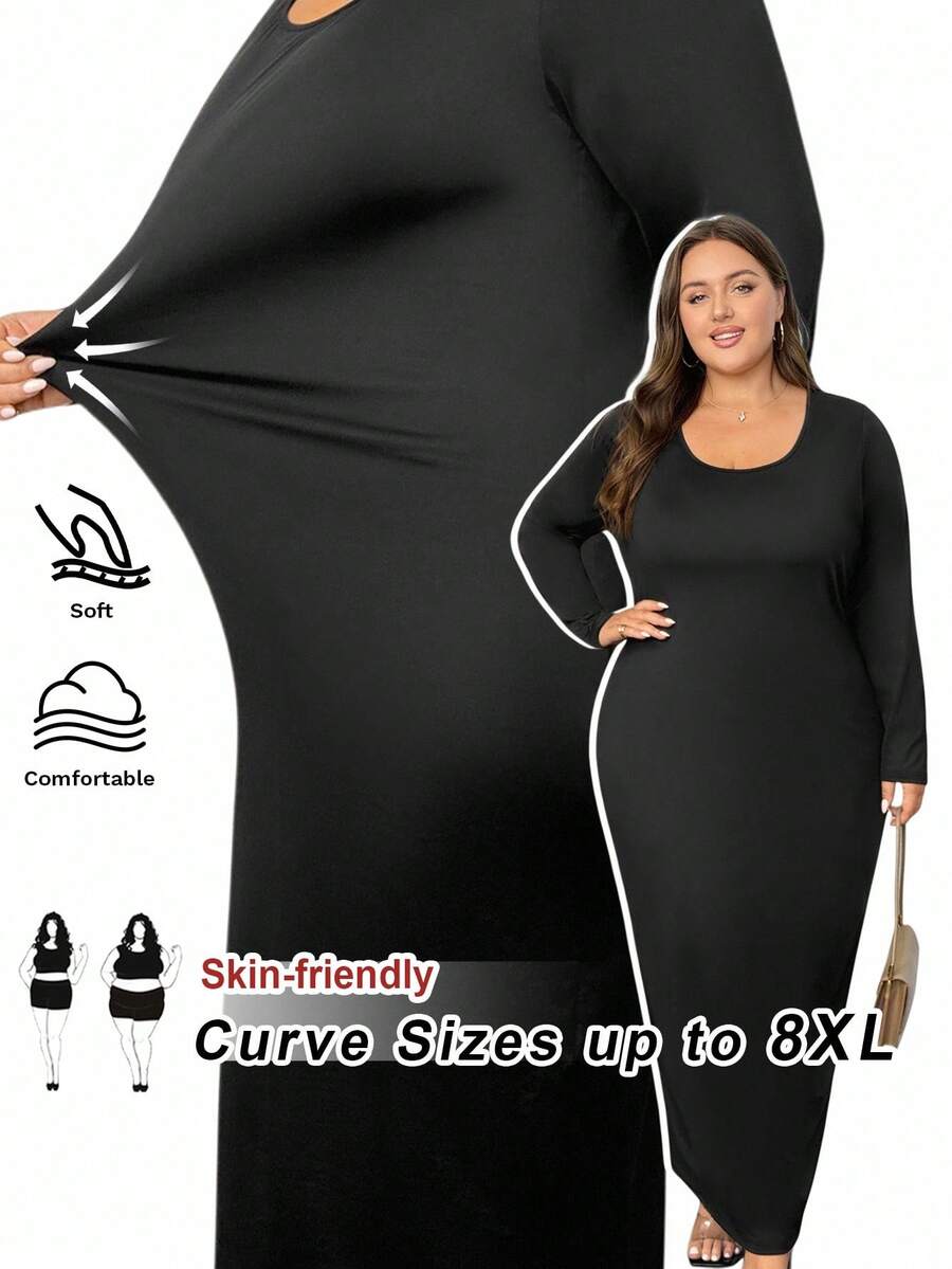 SHEIN CURVE+ 大尺碼純色圓領貼身長洋裝 2026 秋冬聖誕款 22W - 黑色 - 查看 1