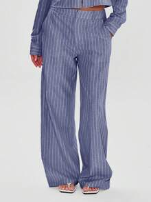 MUSERA 修身中腰细条纹阔腿裤，商务休闲风，复古富贵风，返校季街头服饰，秋季纳什维尔可爱少女风，春夏装扮 - 藍色 - 查看 3