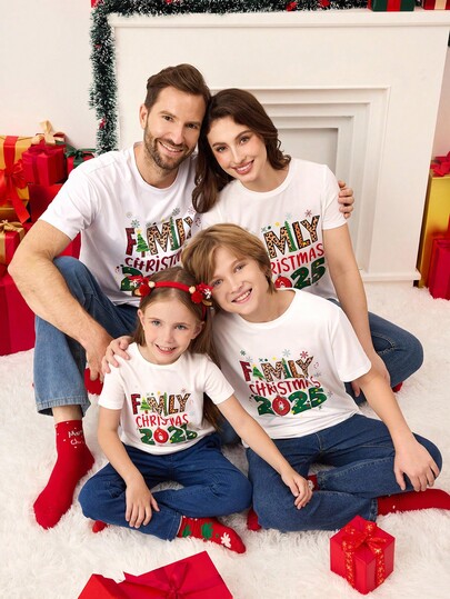 SHEIN Boys' Casual Fashionable Christmas Cute 2025 Graphic Round Neck T-Shirt