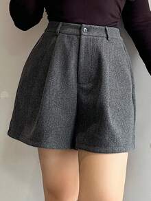 DAZY 大码女式纯色加厚羊毛混纺休闲短裤，秋冬款 - 深灰色 - 查看 6