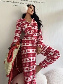 SHEIN 女士法兰绒圣诞鹿印花可爱连帽蓬松连体衣，冬季保暖舒适 - 紅色 - 查看 3