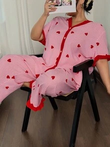 Eraneu 2pcs Plus Size Striped Heart Print Cardigan Top And Pants Pajama Set