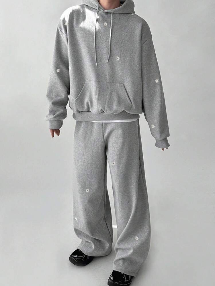 Men's Letter & Floral Print Hoodie Set, Grey Background, Autumn/Winter