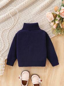 SHEIN Vintaside Kids كنزة صوفية تورتل للأطفال البنات، كنزة صوفية صوفية ملونة للأطفال للخريف/الشتاء، كنزة صوفية صوفية بياقة عالية للأطفال البنات، كنزة صوفية صوفية للأطفال البنات للشتاء، كنزة صوفية عيد الميلاد والهالوين للأطفال البنات للخريف والشتاء - أزرق غامق - مشاهدة 2
