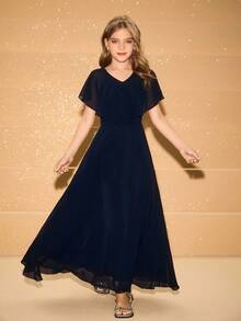 Girls' Chiffon Sleeveless Ruffle Hem Dress, Suitable For Flower Girl, Wedding, Prom, Birthday Party, Christmas, Halloween, Back To School, Graduation Fall Winter - Blue - View 6