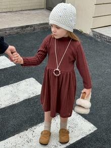 SHEIN Playful Pals Young Girl' Casual Versatile Ribbed Fabric High Neck Elastic Waist Flared Long Sleeve Dress, Autumn/Winter Fall - Brown - View 10