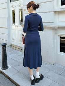 K-Vae Women's Solid Color Turndown Collar Long Sleeve Button Half Placket Waist Tie Casual Dress Navy Blue Dress Women - Navy Blue - View 3