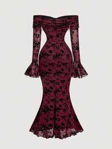 SHEIN MOD 女士露肩长袖前系带修身连衣裙 - 酒紅色 - 查看 2