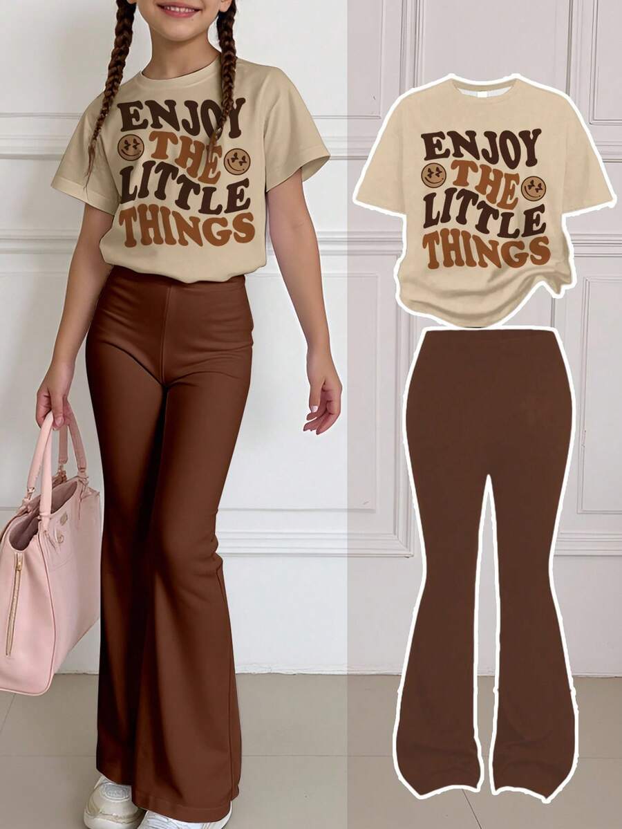 SHEIN Bộ 2 chiếc áo thun cổ tròn tay ngắn in họa tiết mặt cười và thái độ phong cách thường ngày thanh lịch dành cho bé gái tuổi teen và quần ống loe, phù hợp cho mùa thu/đông - Nhiều màu - Xem 1