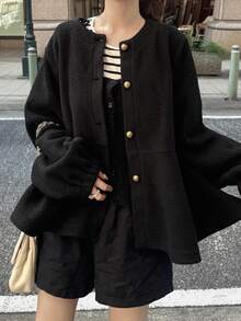 FRIFUL Women's Round Neck Metal Button Decor Ruffle Hem Patchwork Regular Jacket Women Coats - Black - View 5