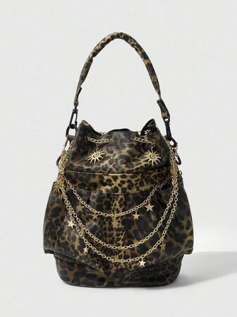 Fairycore 1 pezzo Borsa a secchiello vintage con stampa leopardata, borsa a spalla vintage con decorazione a catena a forma di stella per donna